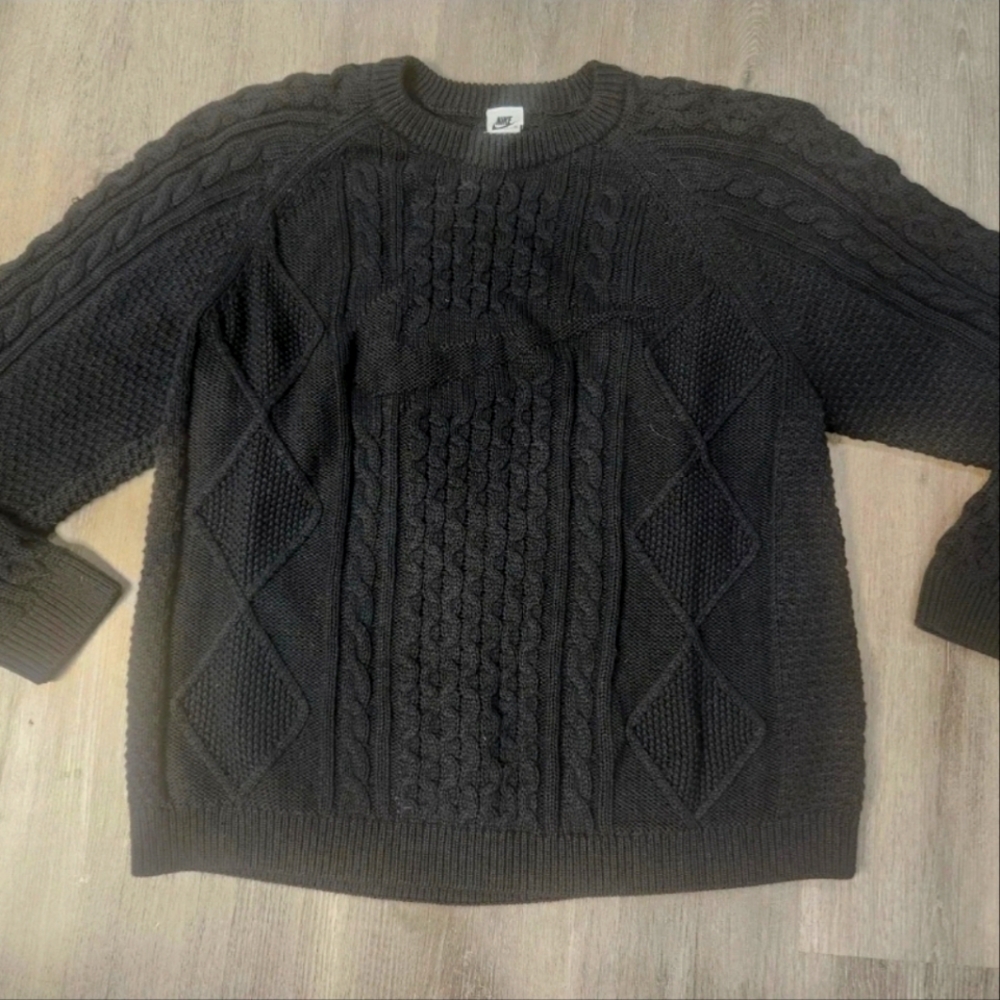 $175 Nike Life Cable Knit Sweater Logo Black Soft DQ5176-010 Men's Size X-Large